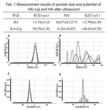 粒径、电位图(A:HA-Lip粒径图;B:HA粒径图; C:HA-Lip电位图;D:HA电位图) 粒径、电位图(A:HA-Lip粒径图;B:HA粒径图; C:HA-Lip电位图;D:HA电位图)