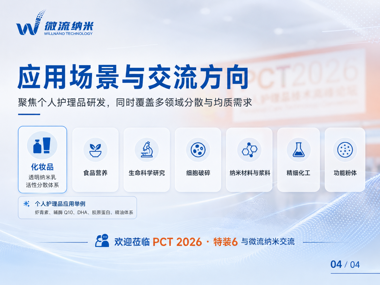 图4|个人护理纳米乳应用示例与展位信息 图4|个人护理纳米乳应用示例与展位信息